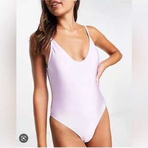 Topshop shiny swimsuit in lilac (NWOT)